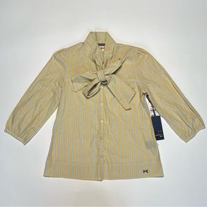 Y2K Tommy Girl Pastel Yellow Bow Tie Necklace Button Down Blouse Stripped Preppy